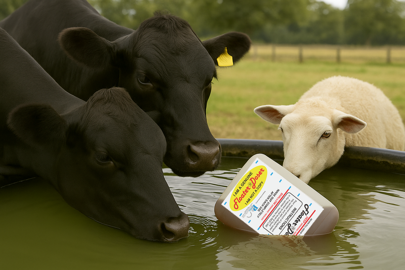 Mighty-Min® Floater~Doser in water trough with cattle and sheep